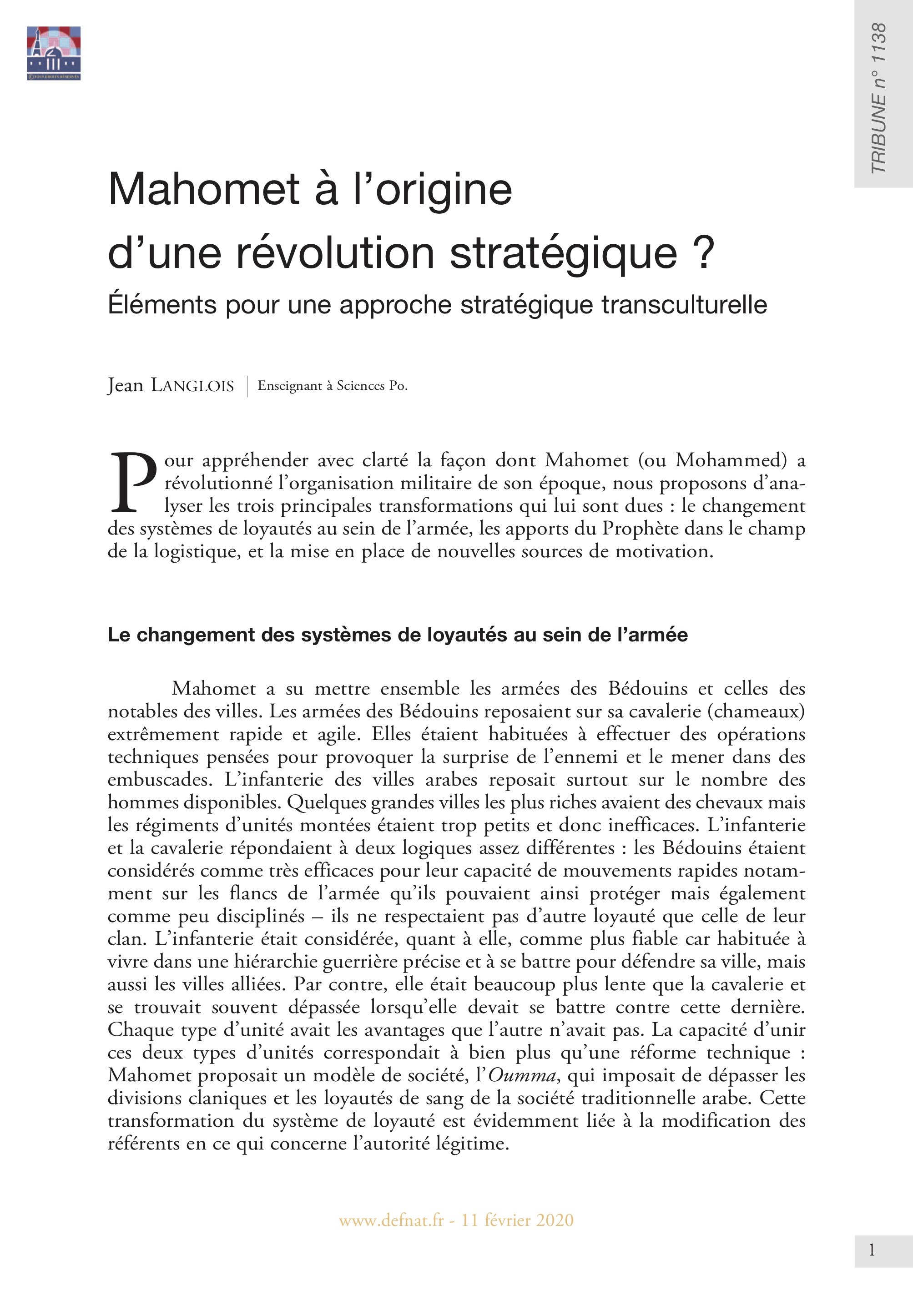 Mahomet à l’origine d’une révolution stratégique ? Éléments pour une approche stratégique transculturelle (T 1138)
